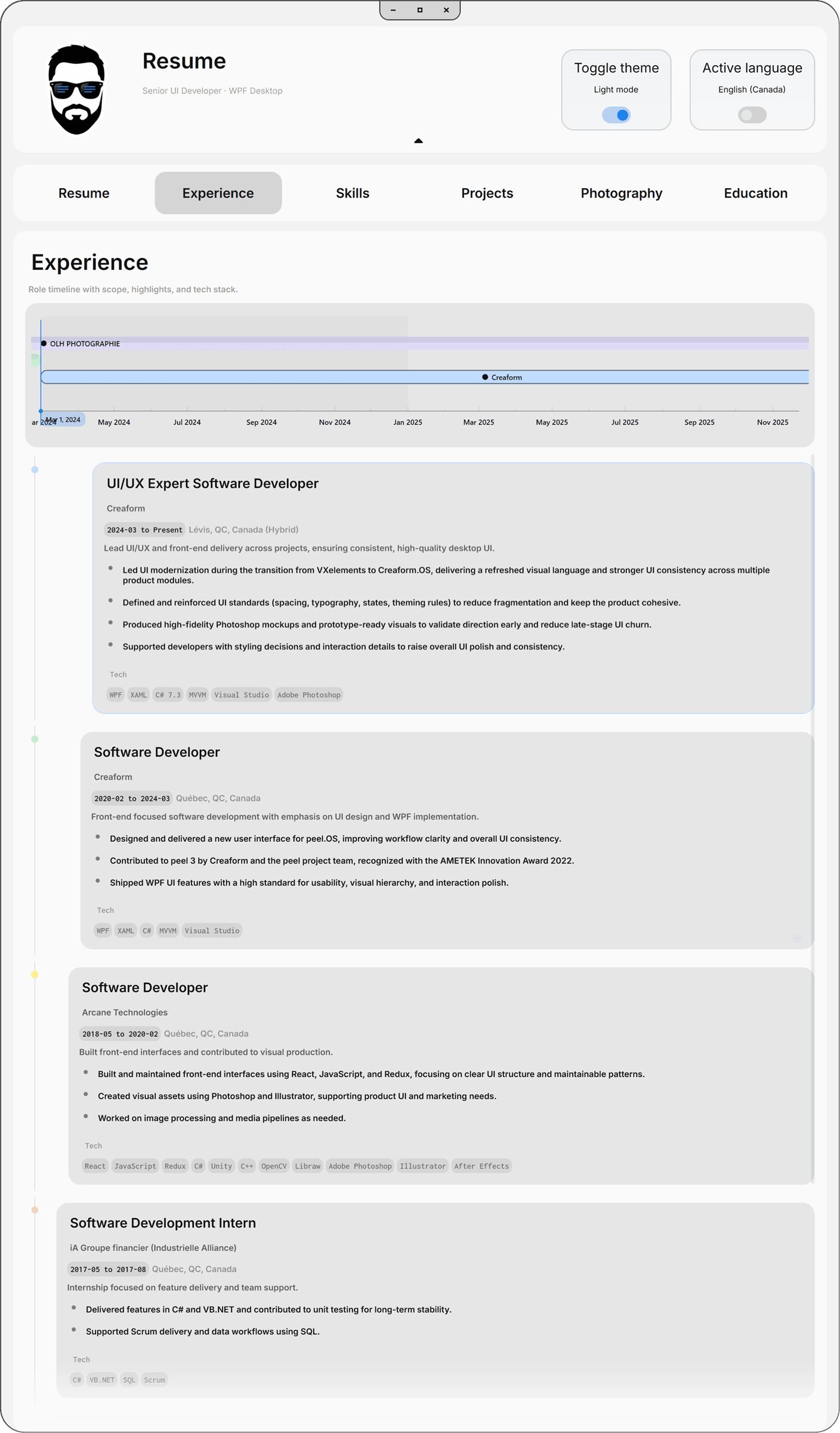 Application ResumeApp, parcours professionnel détaillé (mode clair)