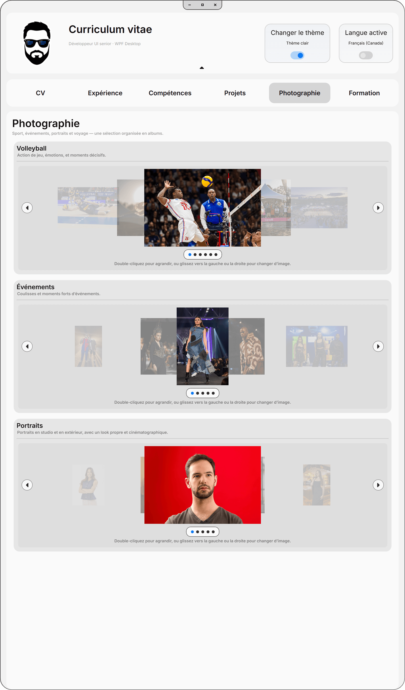 Application ResumeApp, galerie photo (mode clair)