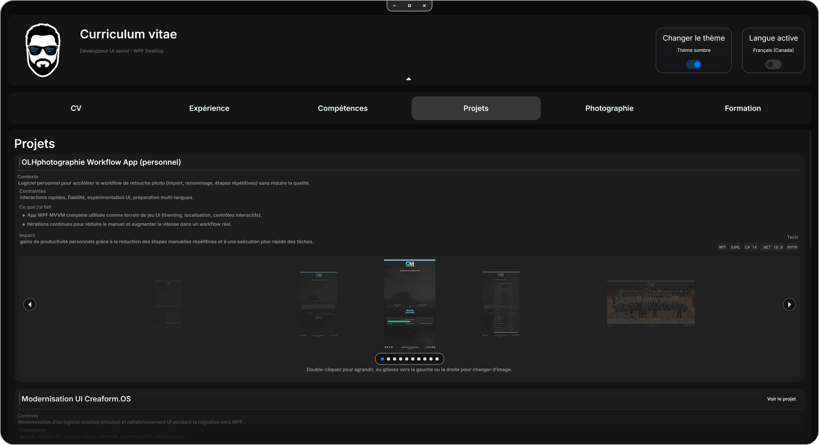 Application ResumeApp, projets logiciels (mode sombre)